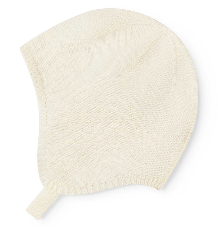 set knit mini polka dot cardigan and pants with bonnet - gentle white