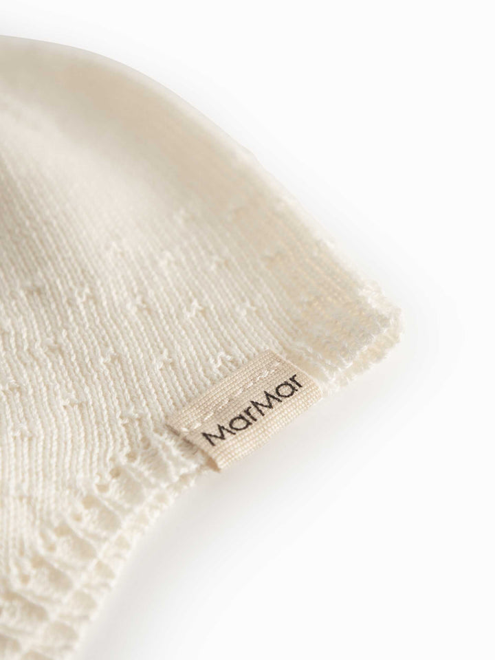 set knit mini polka dot cardigan and pants with bonnet - gentle white