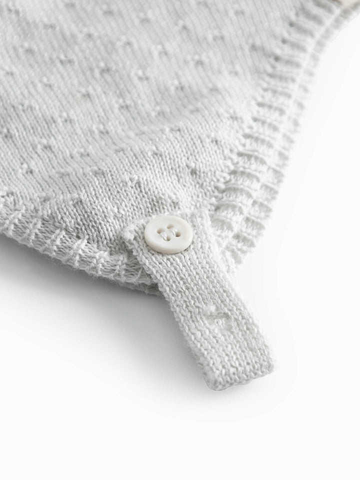 set knit mini polka dot cardigan and pants with bonnet - morning dew