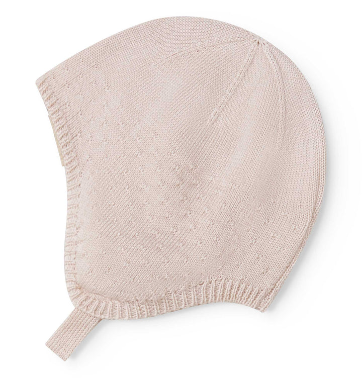 set knit mini polka dot cardigan and pants with bonnet - misty pink