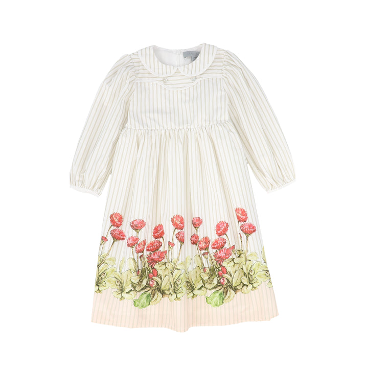 dress 3/4 sleeves striped floral bottom with collar - white/tan