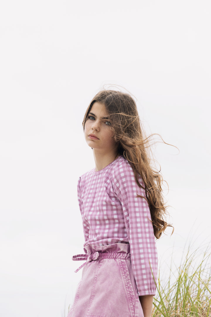 tee 3/4 printed - mauve gingham
