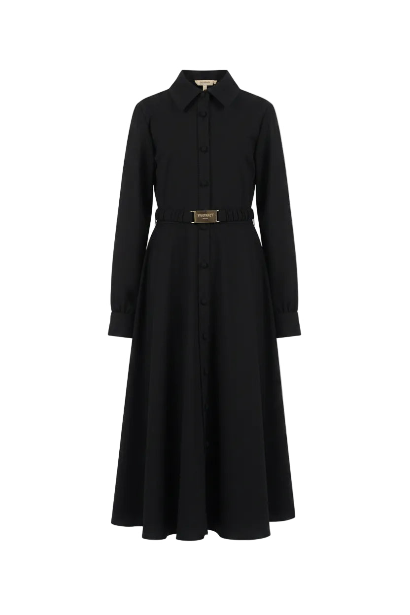 dress button down circle with waist belt - black