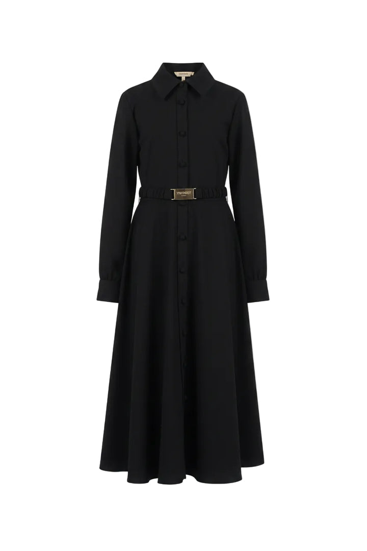 dress button down circle with waist belt - black