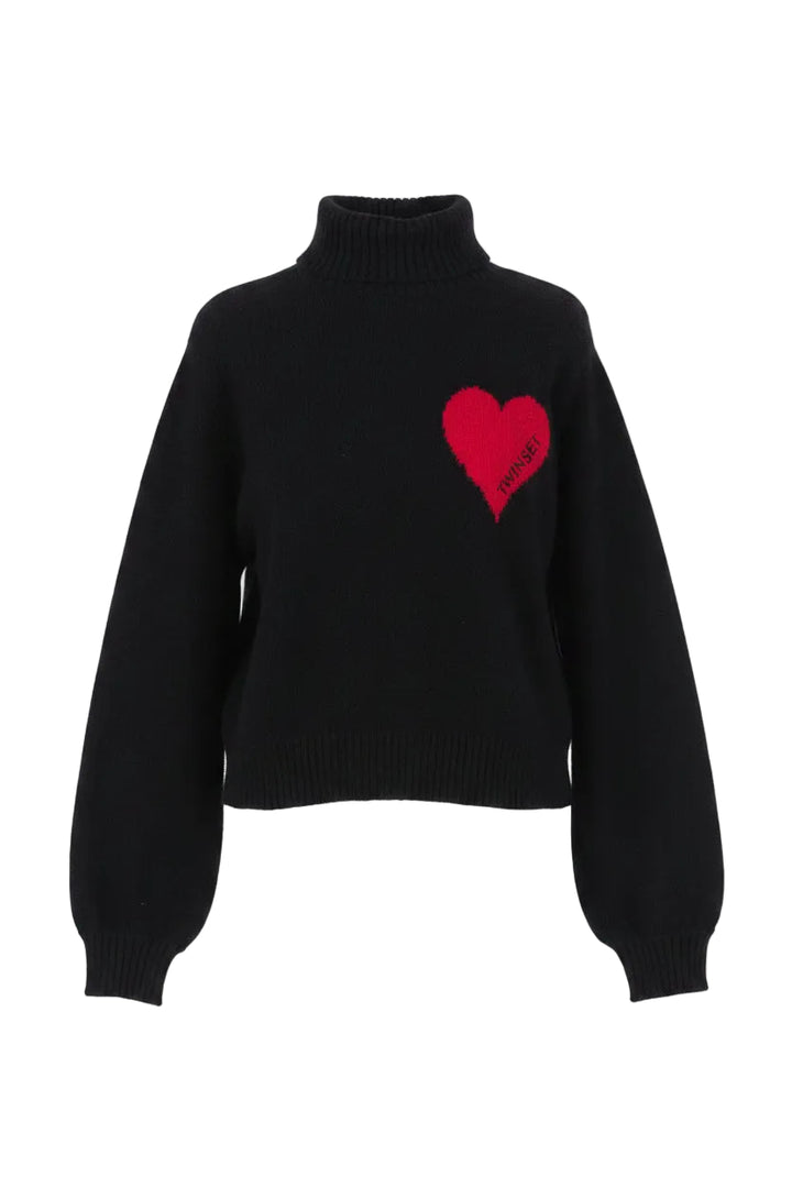 top l/s heart logo turtleneck sweater - black/magenta