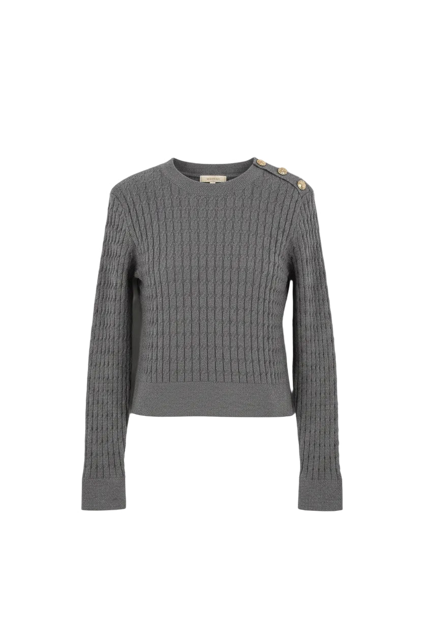 top l/s cable knit button sweater - dark grey melange