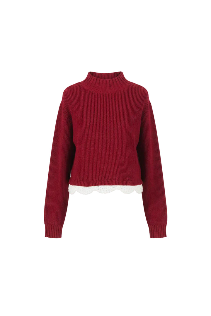 top s/s ribbed crochet trim sweater  - black/snow