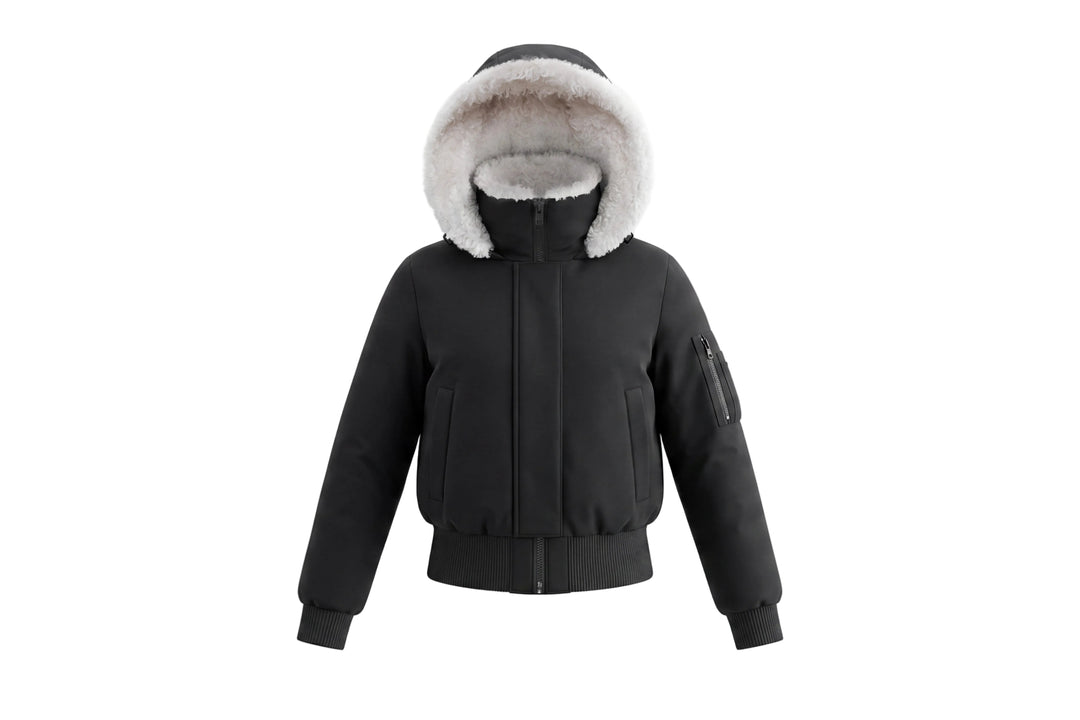 coat matte bomber style with poodle hood - black/white fur
