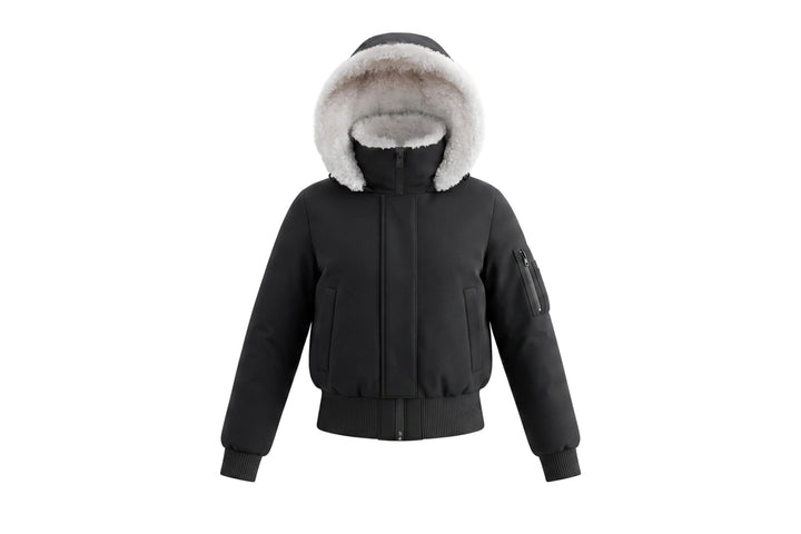 coat matte bomber style with poodle hood - black/white fur
