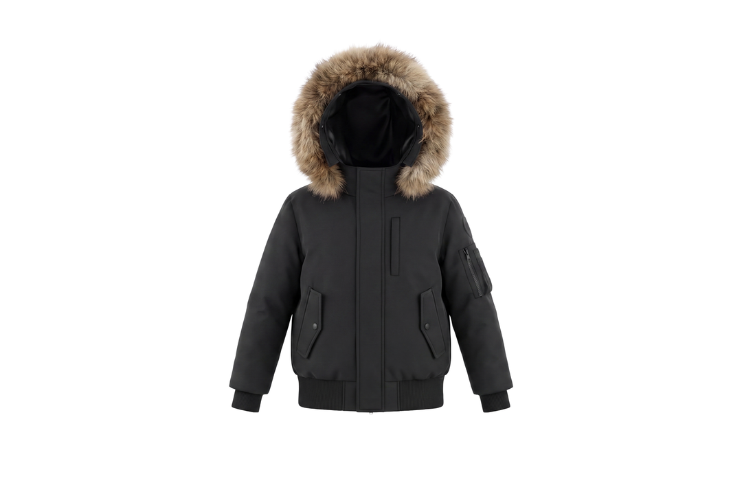 coat matte canvas pocket detail with hood and fur - black