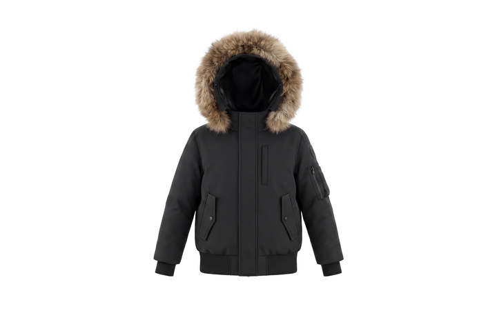 coat matte canvas pocket detail with hood and fur - black