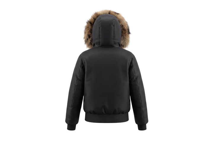 coat matte canvas pocket detail with hood and fur - black