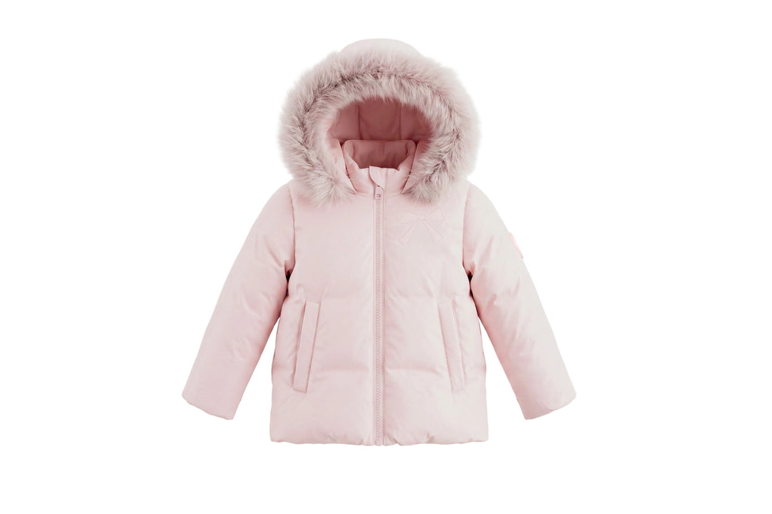 coat down bow embroidered drawstring with fur hood - mauve