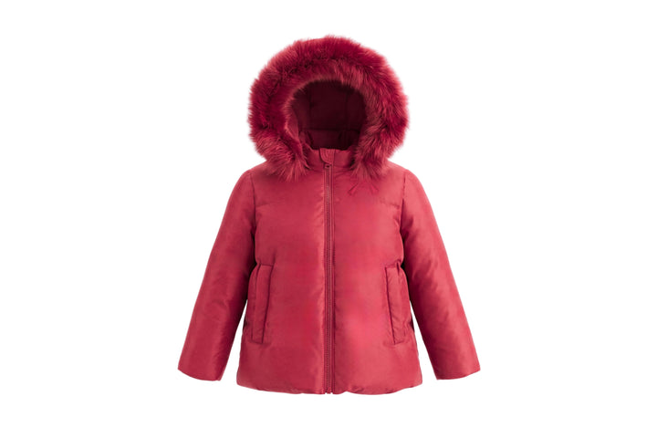 coat down bow embroidered drawstring with fur hood - red