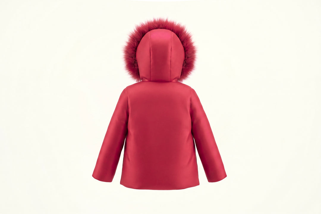 coat down bow embroidered drawstring with fur hood - red