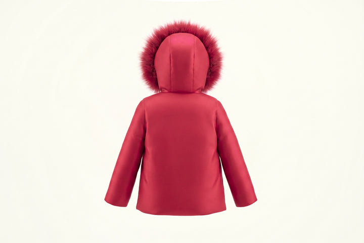 coat down bow embroidered drawstring with fur hood - red