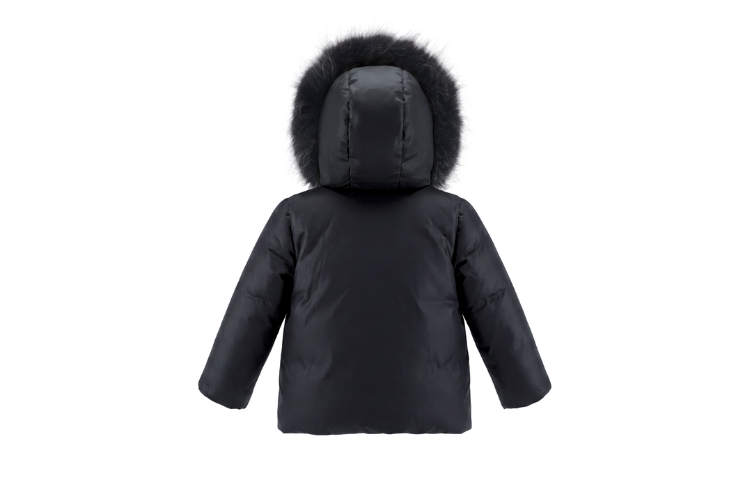 coat down bow embroidered drawstring with fur hood - black