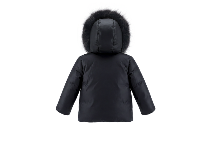 coat down bow embroidered drawstring with fur hood - black