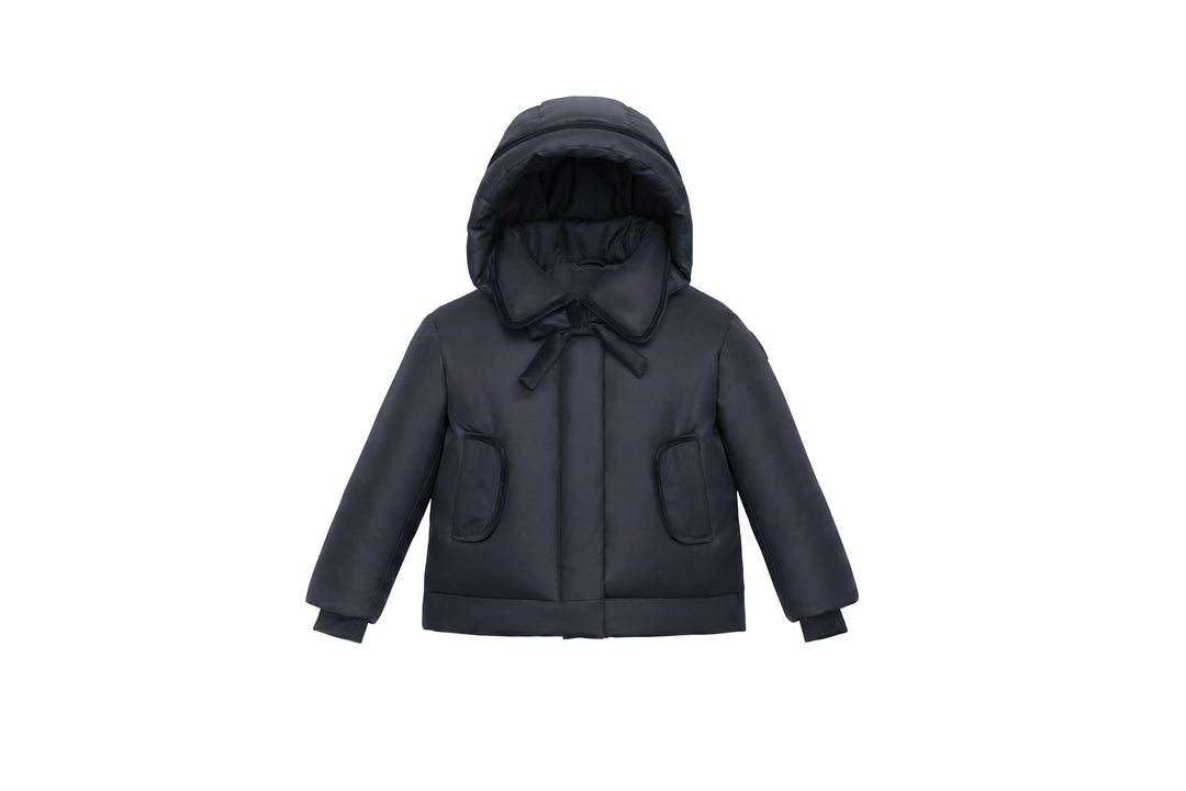 coat down velvet trim with hood - black