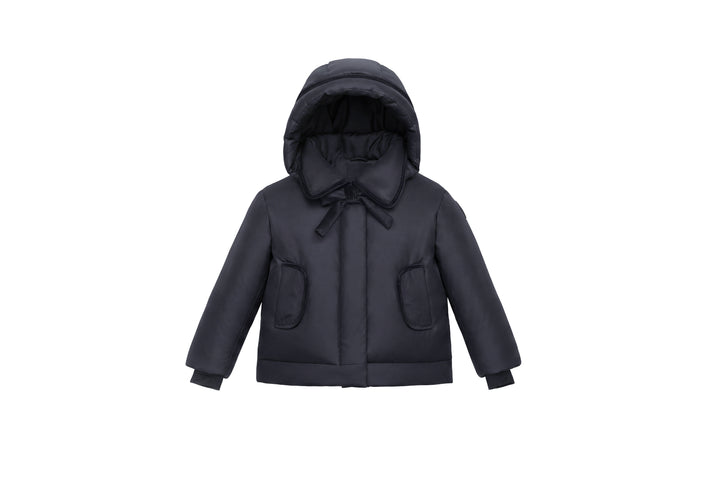 coat down velvet trim with hood - black