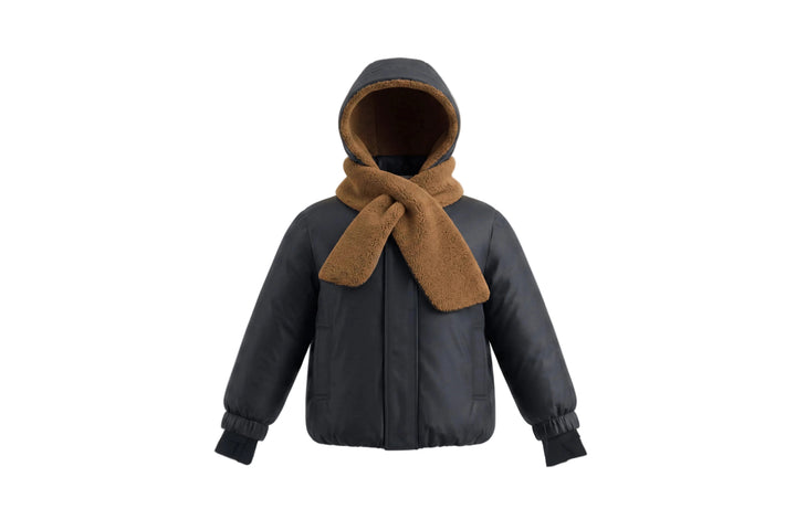coat down filled poodle scarf with fur hood - black/brown