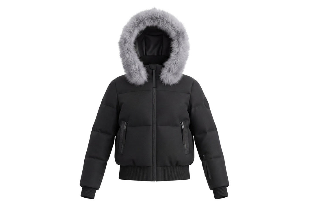 coat canvas bomber style with silver fox fur hood - black