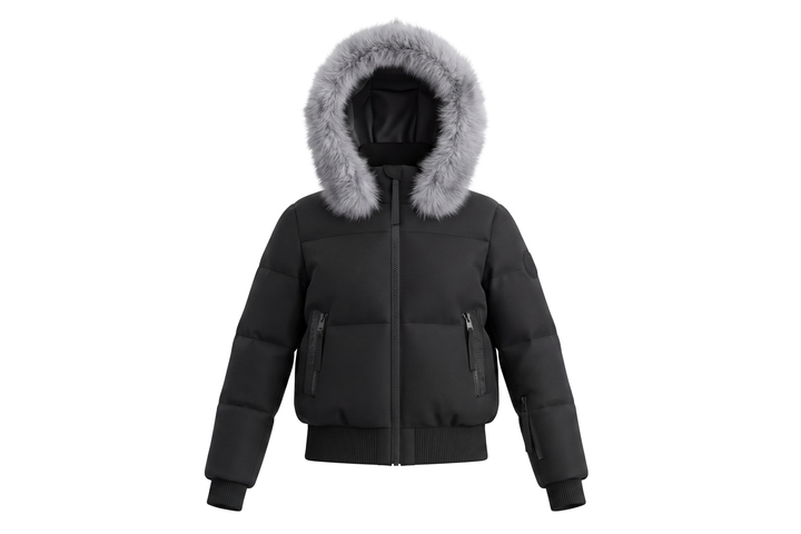 coat canvas bomber style with silver fox fur hood - black