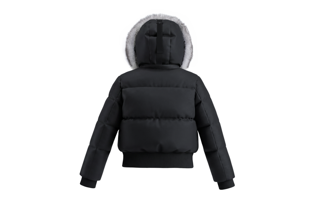 coat canvas bomber style with silver fox fur hood - black