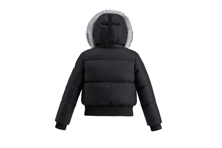coat canvas bomber style with silver fox fur hood - black