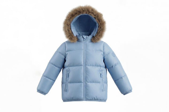 coat down padded with fur hood - medium blue