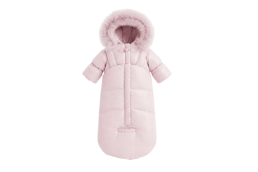 snowsuit down trimmed suspender bows with fur hood - pink