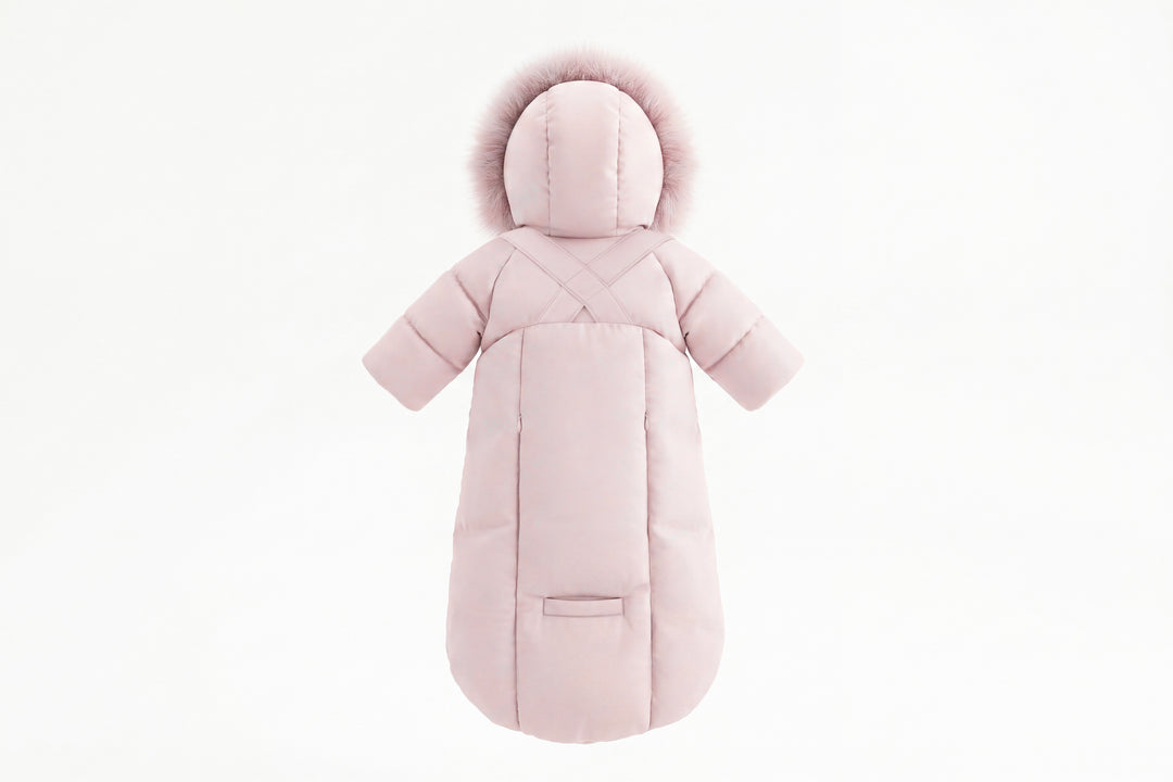 snowsuit down trimmed suspender bows with fur hood - pink