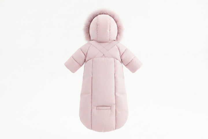 snowsuit down trimmed suspender bows with fur hood - pink