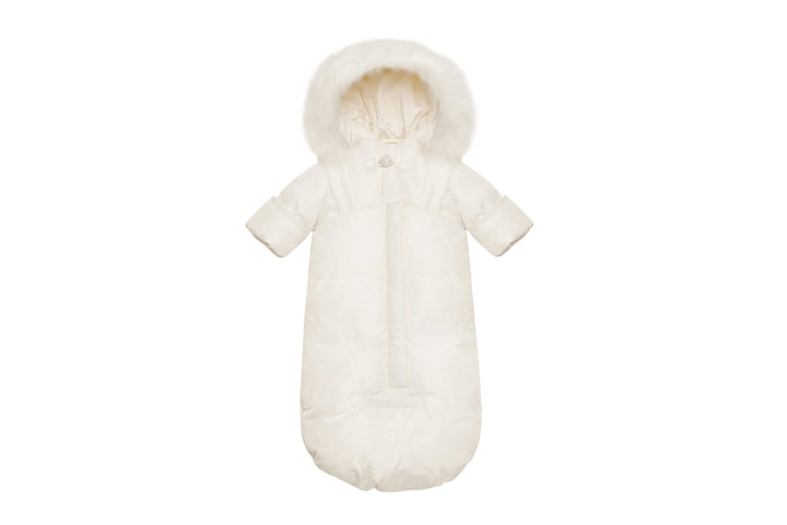 snowsuit down trimmed suspender with fur hood - ivory