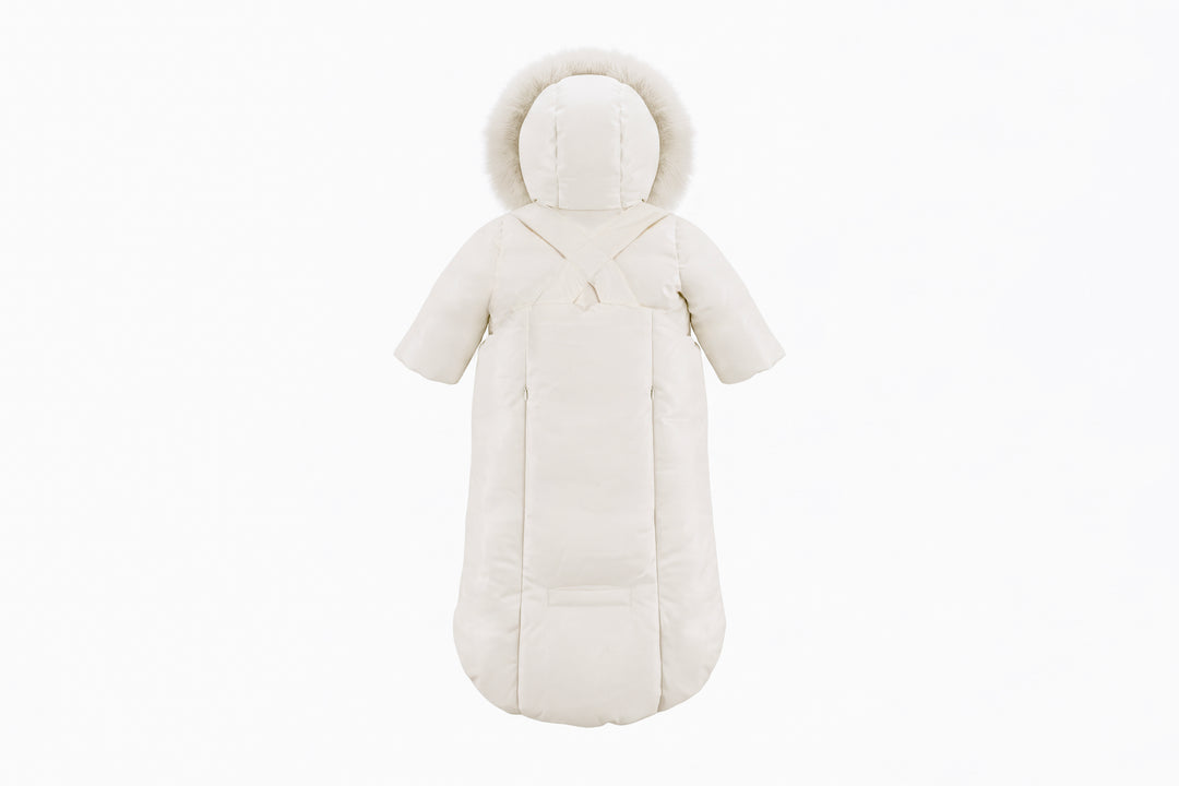 snowsuit down trimmed suspender with fur hood - ivory