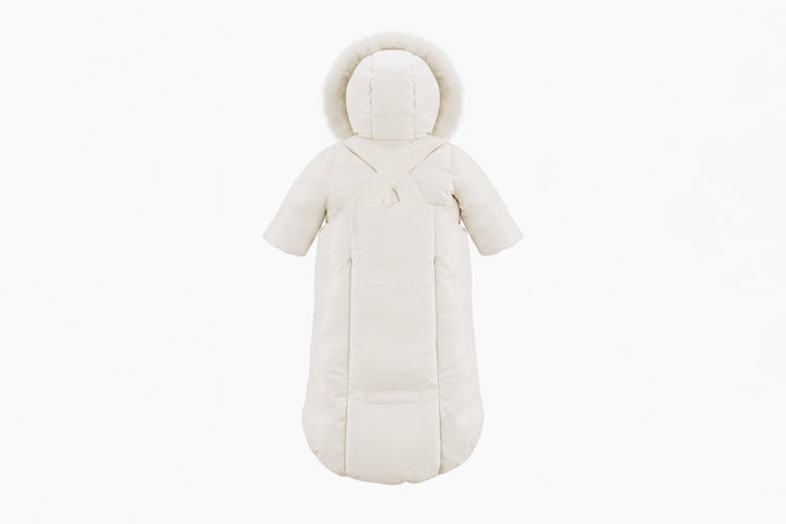 snowsuit down trimmed suspender with fur hood - ivory