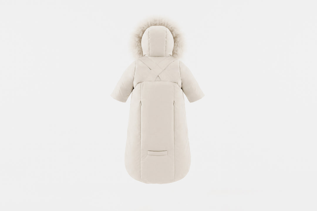 snowsuit down trimmed suspender bows with fur hood - ivory