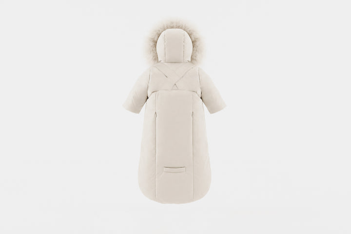 snowsuit down trimmed suspender bows with fur hood - ivory