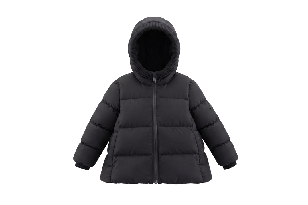 coat down padded pleat knit trim with hood - black