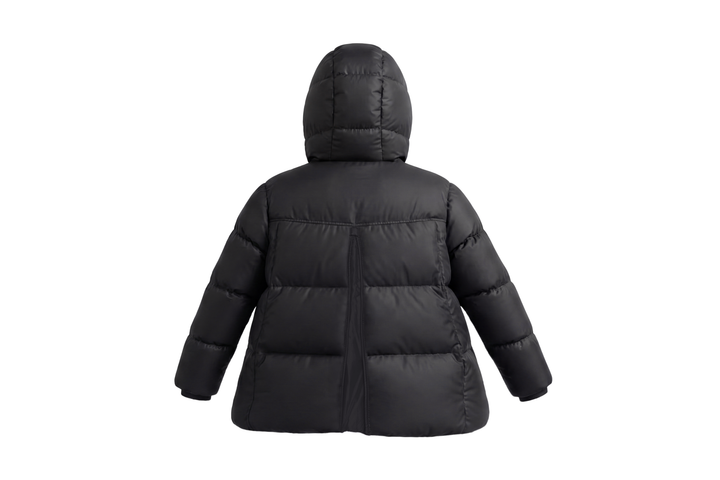 coat down padded pleat knit trim with hood - black