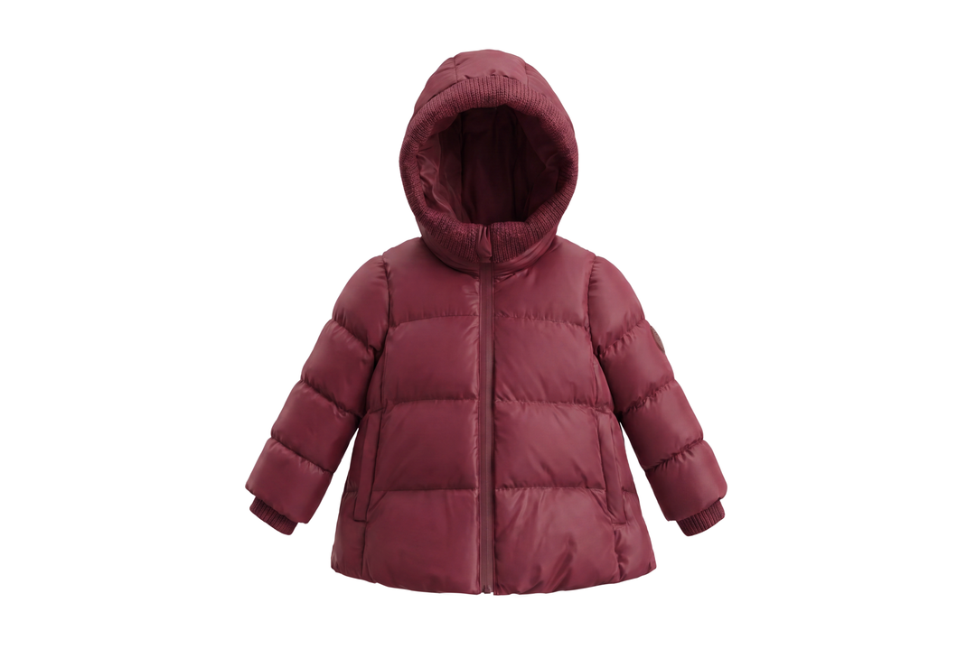 coat down padded pleat knit trim with hood - red