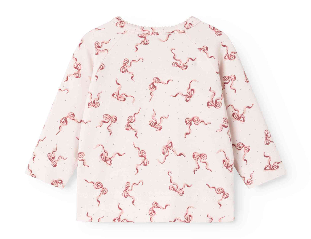 set knit bow print wrap top and footie pants with beanie - bows
