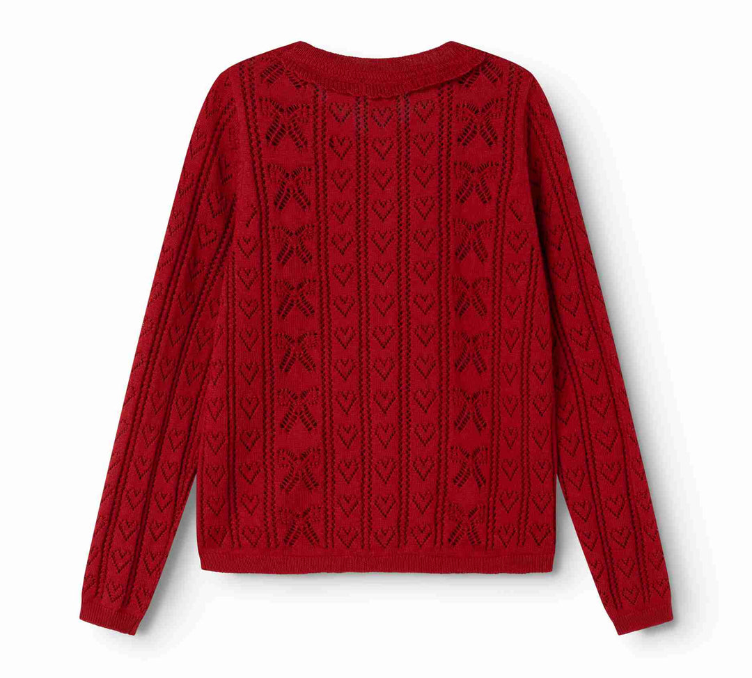 cardigan pointelle knit bow with heart - cherry