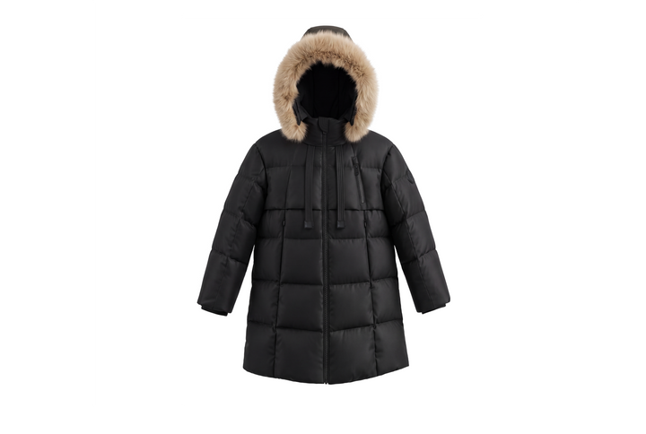 coat down padded zipper detail long with fur hood - black