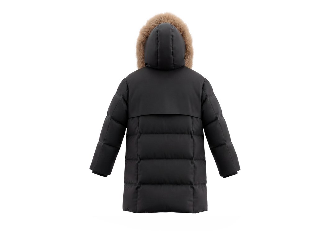 coat down padded zipper detail long with fur hood - black