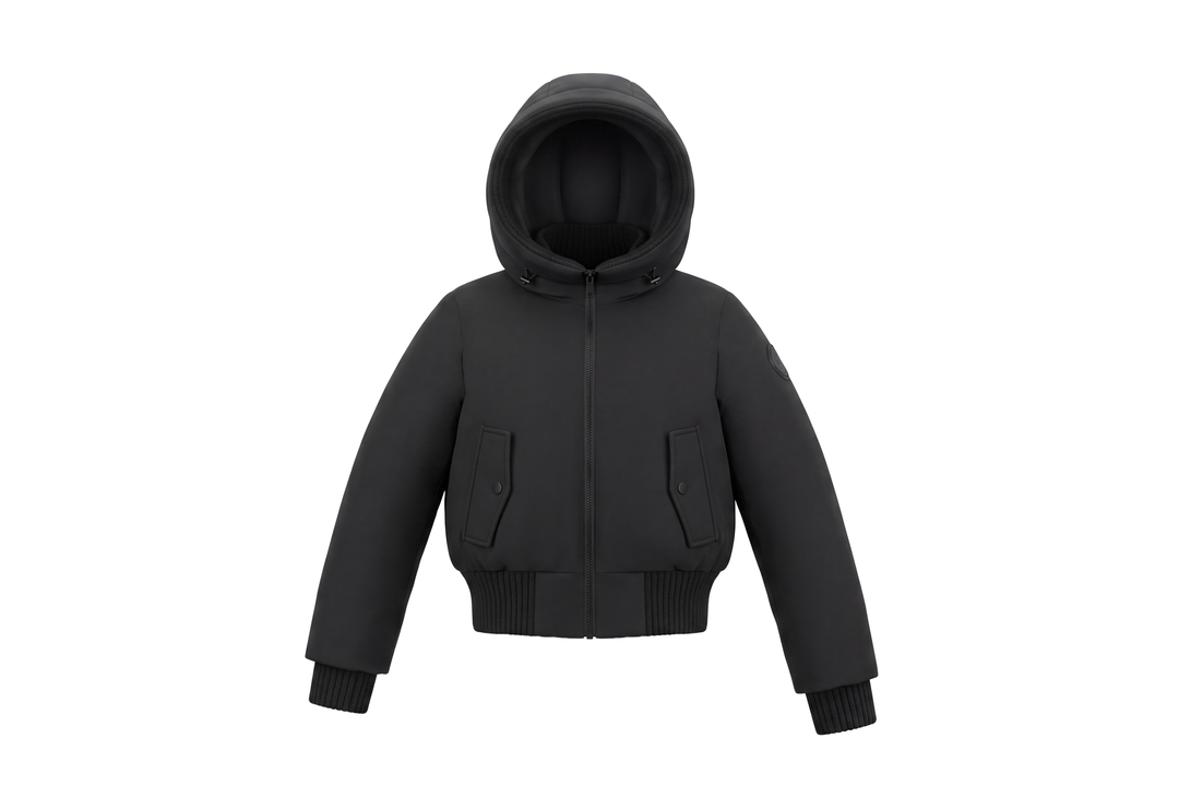 coat canvas rib knit detail with hood - black