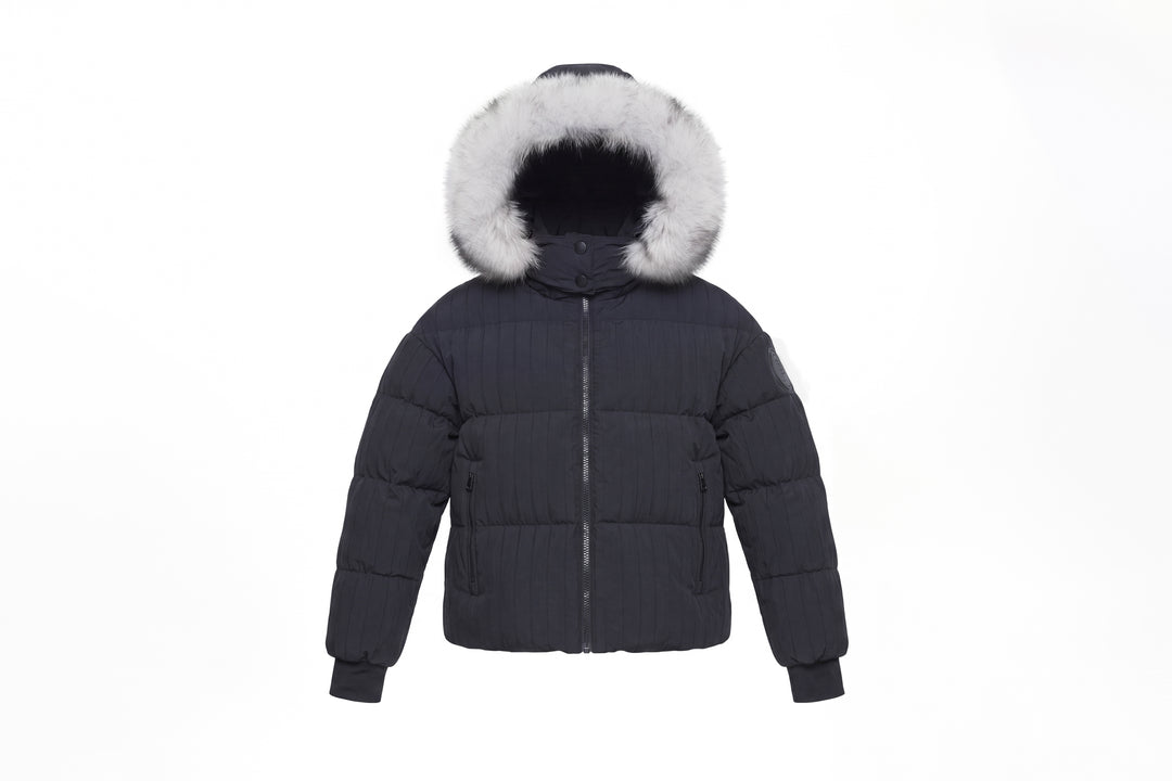 coat down padded stripe bomber style with fur hood - black