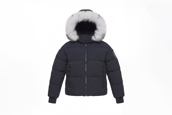 coat down padded stripe bomber style with fur hood - black