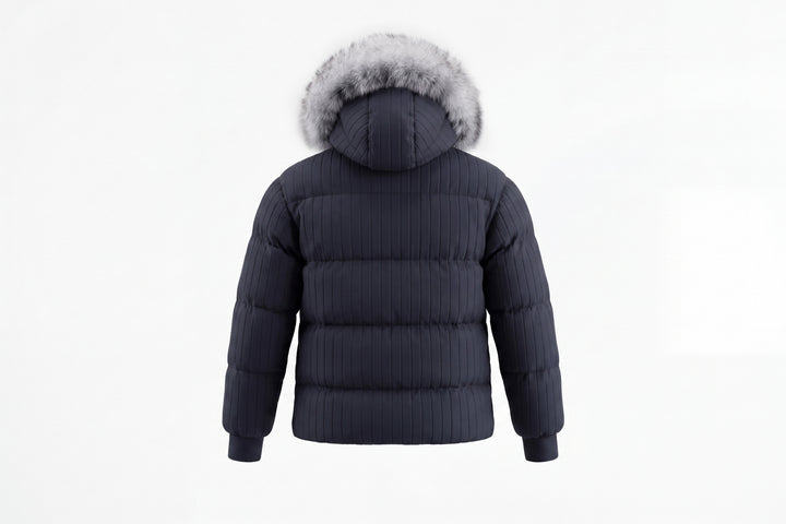 coat down padded stripe bomber style with fur hood - black