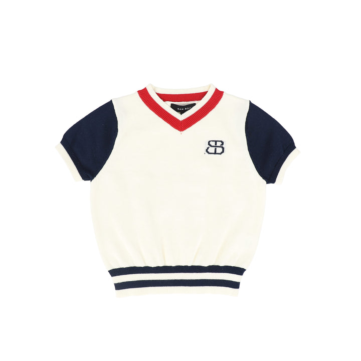 top s/s striped trim sweater - navy/white